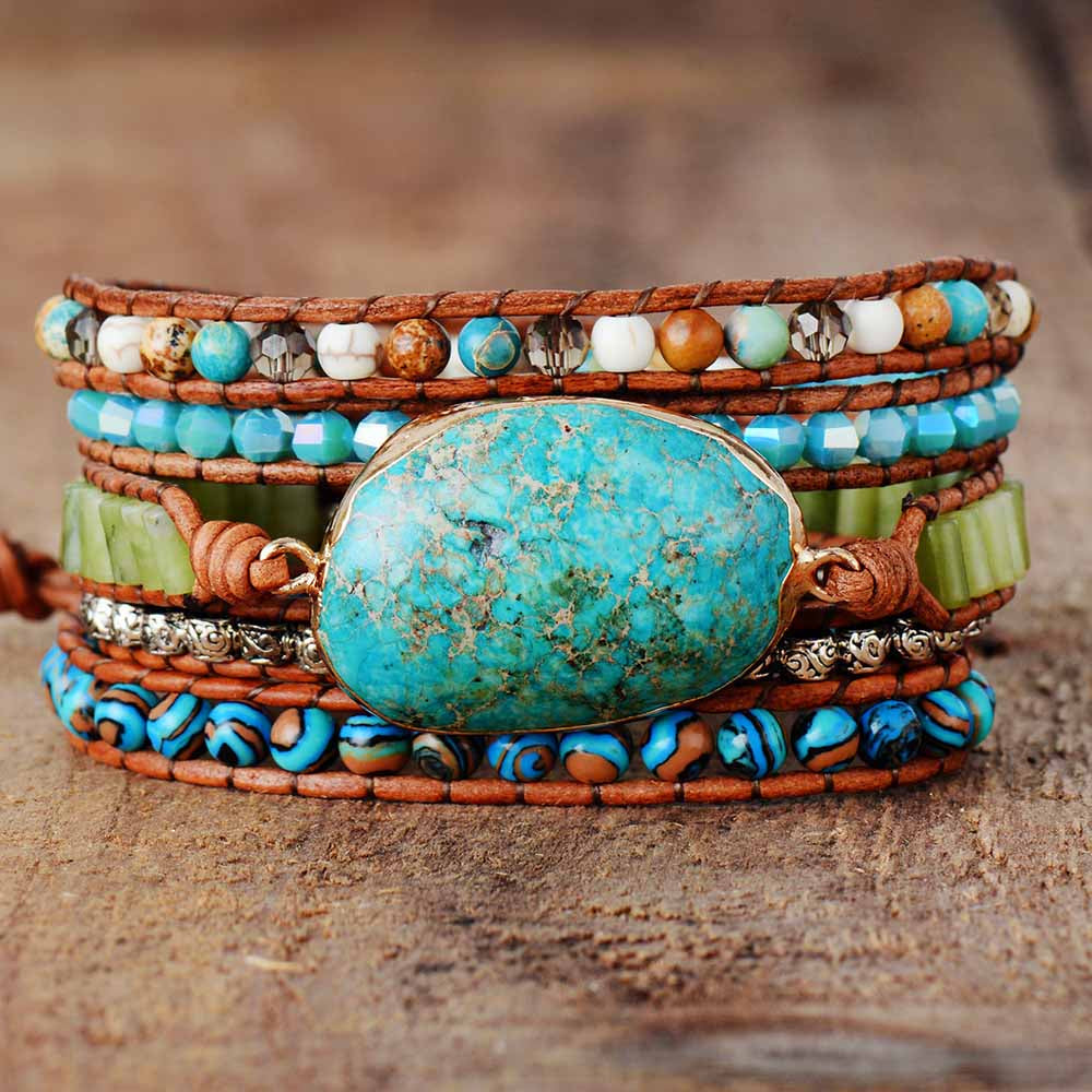 Pulsera Wrap "Alma de Turquesa" — 5 Vueltas de Cuero con Piedra Natural