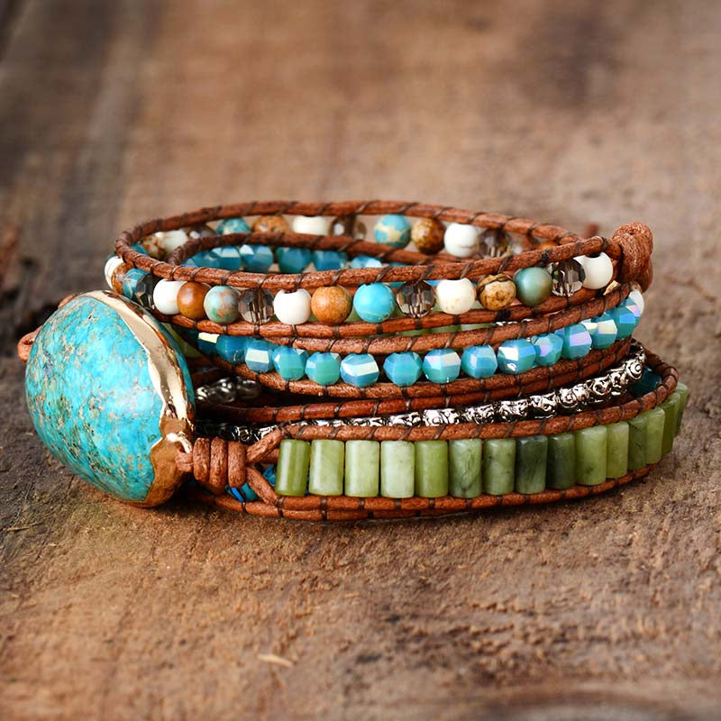Pulsera Wrap "Alma de Turquesa" — 5 Vueltas de Cuero con Piedra Natural
