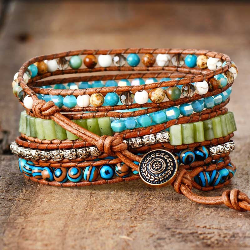 Pulsera Wrap "Alma de Turquesa" — 5 Vueltas de Cuero con Piedra Natural