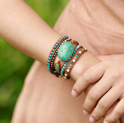 Pulsera Wrap "Alma de Turquesa" — 5 Vueltas de Cuero con Piedra Natural