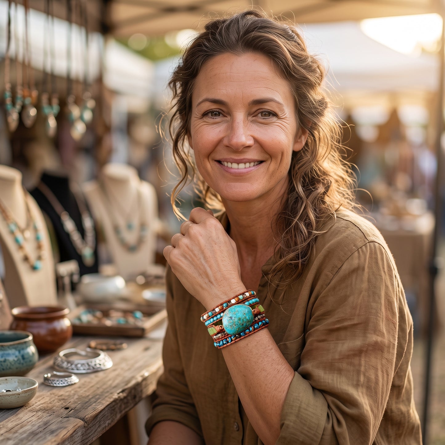 Pulsera Wrap "Alma de Turquesa" — 5 Vueltas de Cuero con Piedra Natural