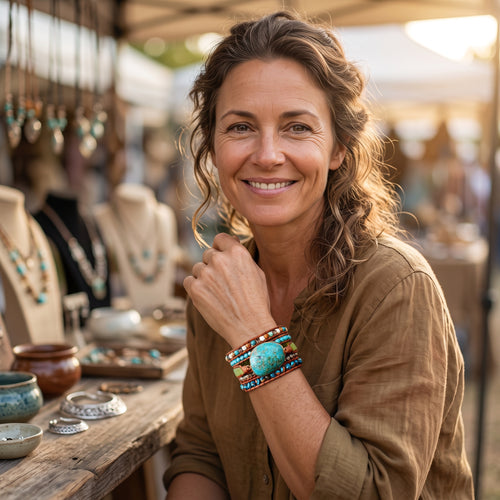 Pulsera Wrap "Alma de Turquesa" — 5 Vueltas de Cuero con Piedra Natural