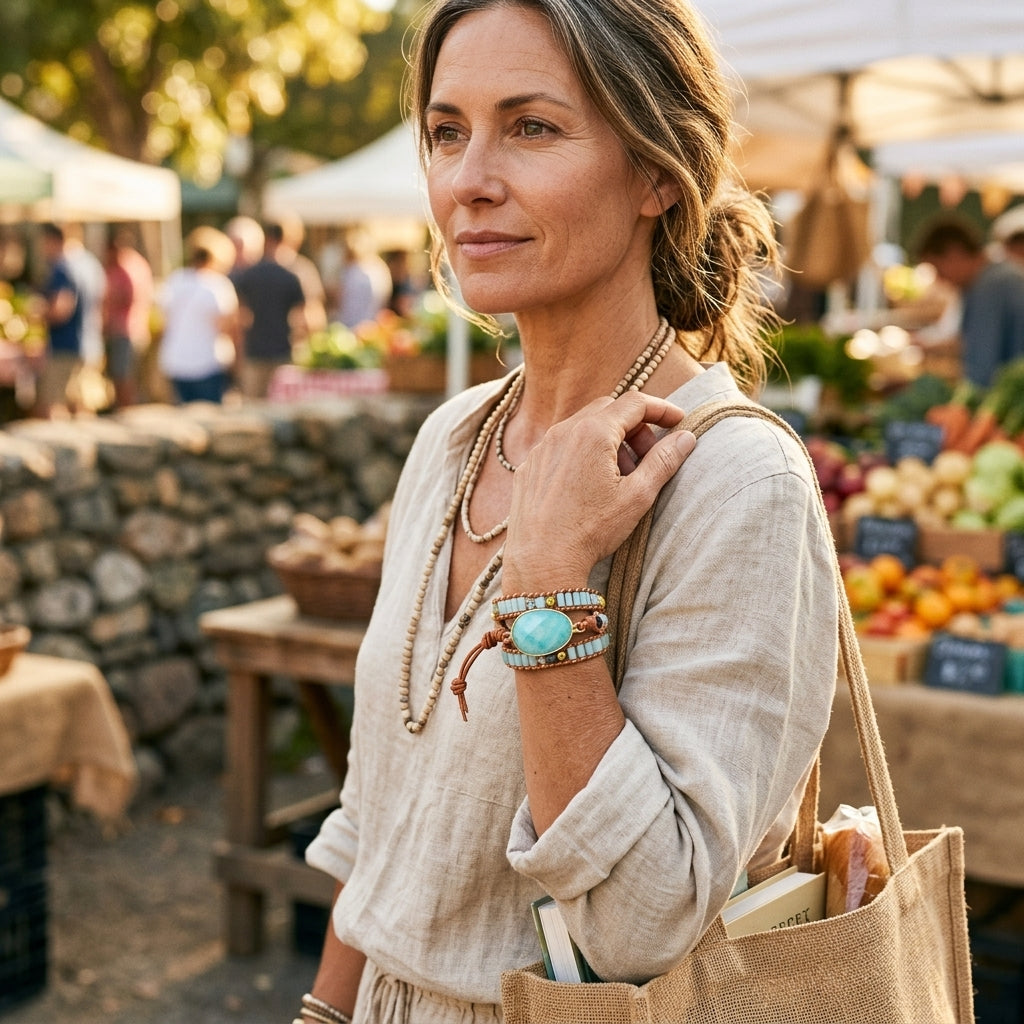 Pulsera Envolvente "Calma Sagrada" — Amazonita y Piel