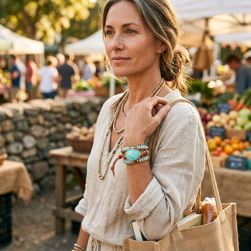 Pulsera Envolvente "Calma Sagrada" — Amazonita y Piel